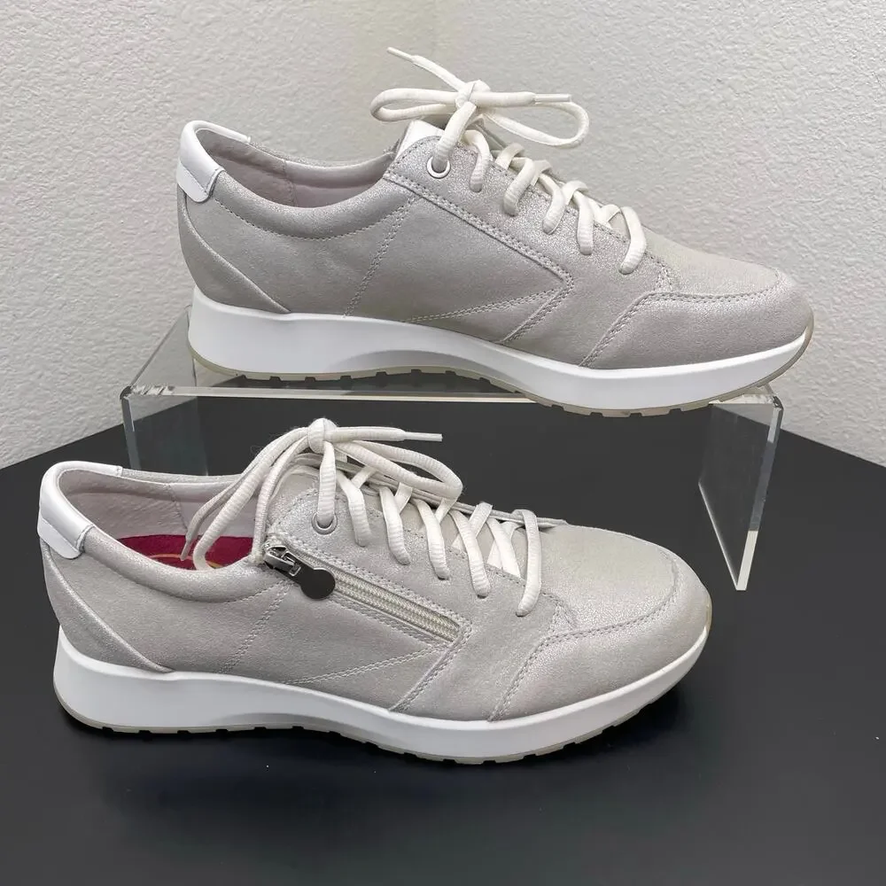 Munro Sutton Women Silver Leather Comfort Sneakers Side Zip Lace Up Shoes 11M